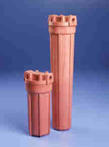 Hot Water Red Nylon Filter Housing Uses 20" Filters - Pictured on the right